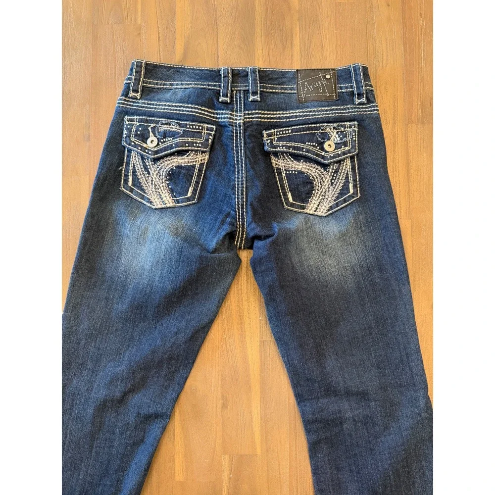Ariya Jeans Womens 7/8 Dark Wash Bootcut Thick Stitch Rhinestone Low Rise Denim